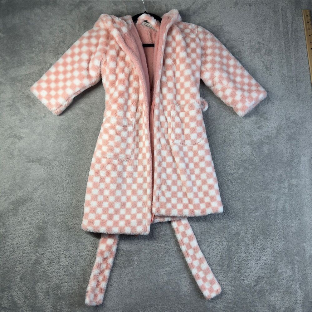 Minky Couture Robe Kids 4-8 Pink White Thick Ultra Plush Checkered Blanket Warm
